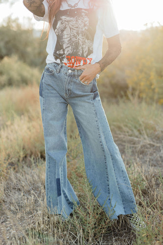 Patched denim wide leg jean