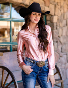 Button Up Champagne Light Pink Satin Rodeo Shirt