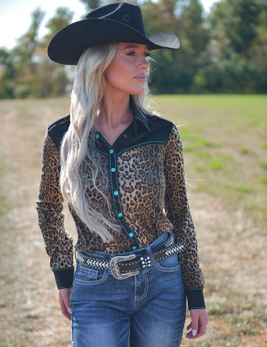 Leopard With Turquoise Accents Button Down Rodeo Shirt