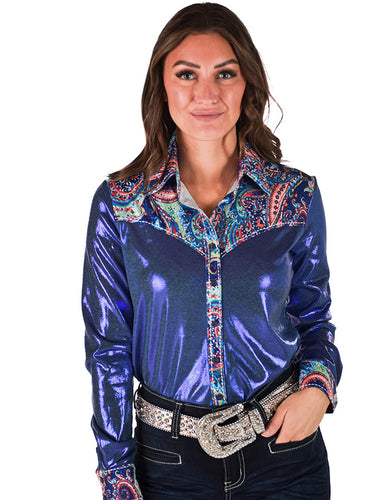 Blue Metallic With Colorful Paisley Accents Button Down Rodeo Shirt
