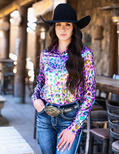 Purple Foil Leopard Print Button Down Rodeo Shirt