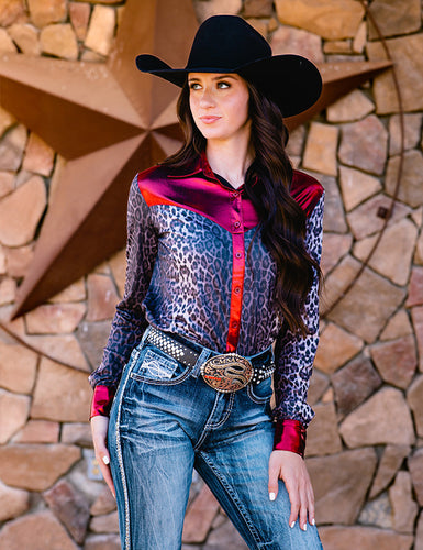 Gray Leopard With Red Accent Button Down Rodeo Shirt